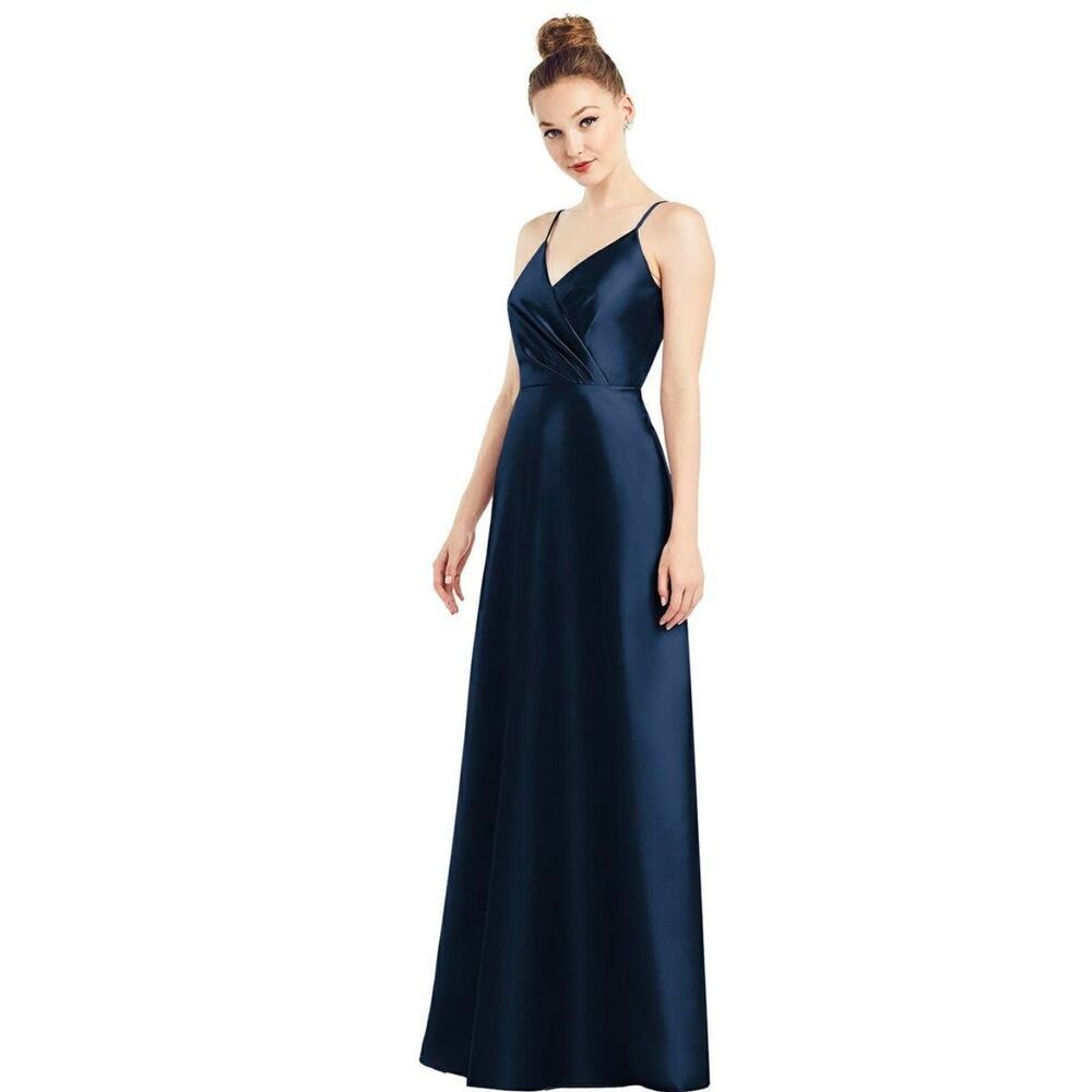 Alfred Sung D776 midnight blue Spaghetti strap satin dress Size 2 black tie